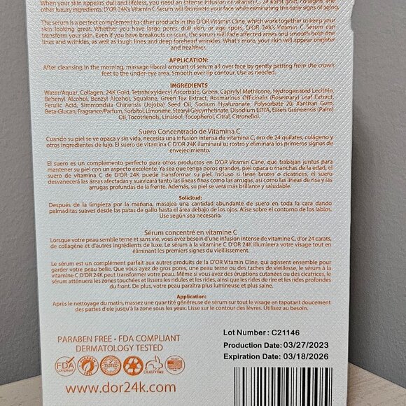 D'OR 24K VITAMIN C CONCENTRATED SERUM - 1.09 fl oz \ 30 g - BRAND NEW - SEALED - Picture 2 of 4